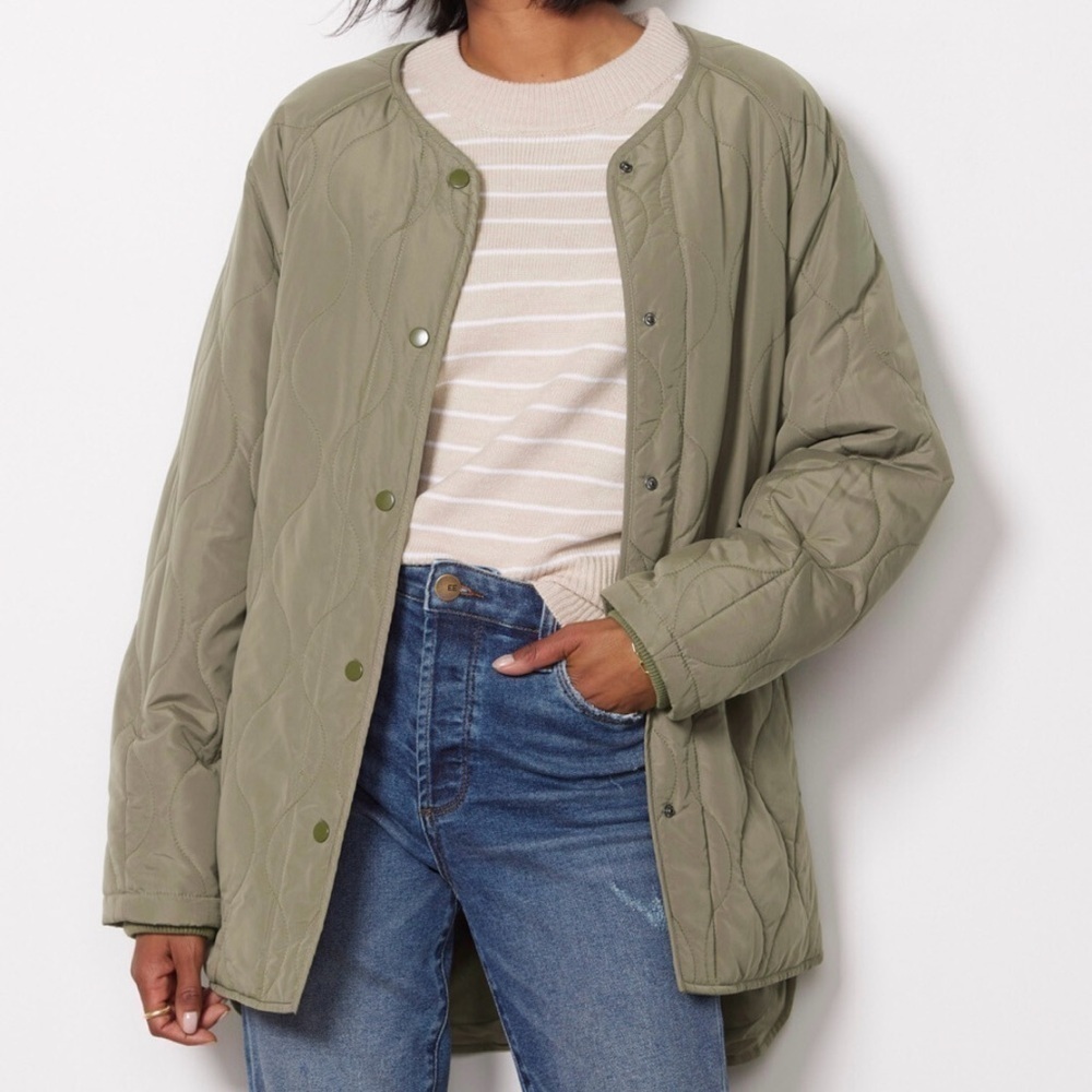 EVEREVE Womens Toni Quilted Jackets Size Small Green Belted Snap Button